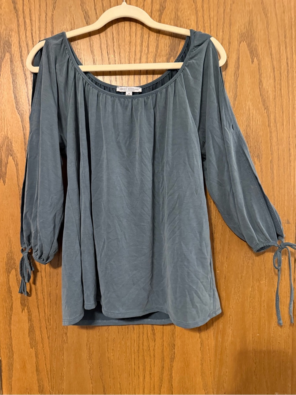 Green Envelope Slate Blue Cold-Shoulder Tie-Sleeve Blouse
